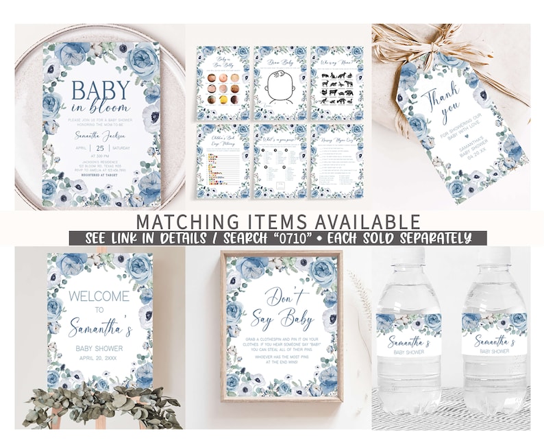Pode incluir: Convite de ch&aacute; de beb&ecirc; floral azul e branco com o texto "Baby in Bloom" e o nome "Samantha Jackson". O convite tamb&eacute;m inclui a data e a hora do ch&aacute; de beb&ecirc;. Itens combinando est&atilde;o dispon&iacute;veis, consulte o link nos detalhes ou procure por "0710".