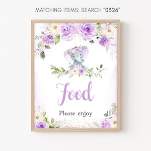 Chica elefante bebé ducha signo de comida, elefante floral púrpura bebé ducha alimentos signo de mesa, elefante púrpura bebé ducha signos de fiesta de comida, 0326