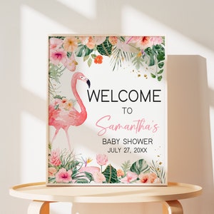 Bearbeitbares Rosa Flamingo-Babyparty-Willkommensschild, Florales tropisches Babyparty-Willkommensplakat, Grün Hawaii-Mädchen-Babypartyschild, 0765