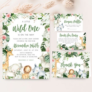 Editable Greenery Safari Baby Shower Invitation Bundle, Floral Jungle Baby Shower Invite Set, Safari Animals Wild One Invitation, 0291 image 1