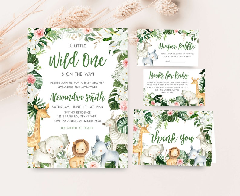 Editable Greenery Safari Baby Shower Invitation Bundle, Floral Jungle Baby Shower Invite Set, Safari Animals Wild One Invitation, 0291 image 1