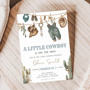 Editable A Little Cowboy Baby Shower Invitation, Cowboy Baby Clothes Boho Baby Shower Invitation, Wild West Rodeo Baby Shower Invites, 01043