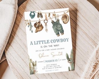 Editable A Little Cowboy Baby Shower Invitation, Cowboy Baby Clothes Boho Baby Shower Invitation, Wild West Rodeo Baby Shower Invites, 01043