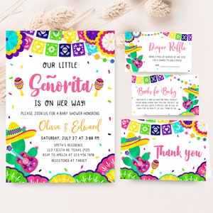 Editable Little Senorita Fiesta Baby Shower Invitation Bundle, Girl Mexican Baby Shower Invite Set, Taco Bout A Baby Cactus Baby Shower 0738