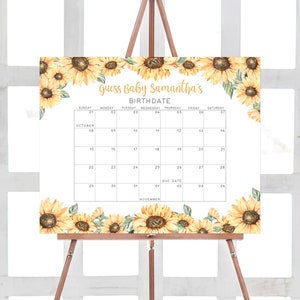 Bearbeitbarer Sonnenblumen-Babyparty-Fälligkeitskalender, rustikaler Sonnenblumen-Babypartykalender, Mädchen Boho-Sonnenblumen-Geburtstagsvorhersage-Spiel 0380
