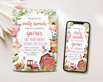 Editable Farm Birthday Invitation, Barnyard Birthday Invite, Farm Animals First Birthday Party, Boy Red Barnyard Animals Invitation 318BD