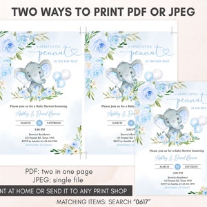 Editable Blue Elephant Baby Shower Invitation, Boy Elephant Balloon Baby Shower Invite, Blue Balloon Boy Baby Shower Invite Template, 0617 image 3