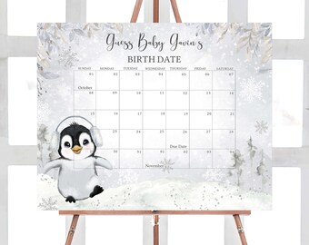 Bearbeitbarer Winter-Pinguin-Babyparty-Fälligkeitsdatumskalender, Geschlechtsneutraler Pinguin-Babypartykalender, Baby, es ist kalt draußen Babyparty 0537