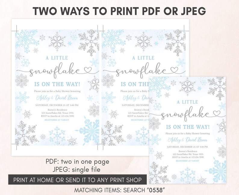 Bewerkbare blauwe een kleine sneeuwvlok baby shower uitnodiging, blauwe sneeuwvlok winter baby shower uitnodiging, jongen winter baby shower uitnodiging, 0538 afbeelding 3