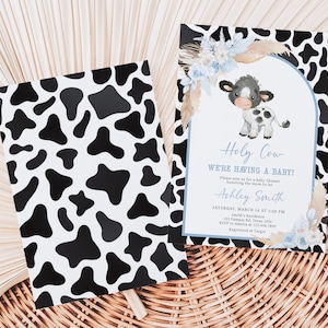 Editable Boy Holy Cow Baby Shower Invitation, Blue Highland Cow Baby Shower Invite, Boho Floral Farm Baby Shower Invitation Template, 0663 image 2