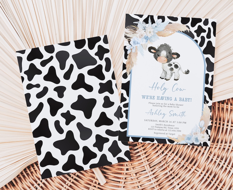 Editable Boy Holy Cow Baby Shower Invitation, Blue Highland Cow Baby Shower Invite, Boho Floral Farm Baby Shower Invitation Template, 0663 image 2