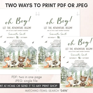 Editable Let the Adventure Begin Woodland Baby Shower Invitation, Boy Adventure Baby Shower Invite, Forest Mountain Baby Shower Invite, 0496 image 3
