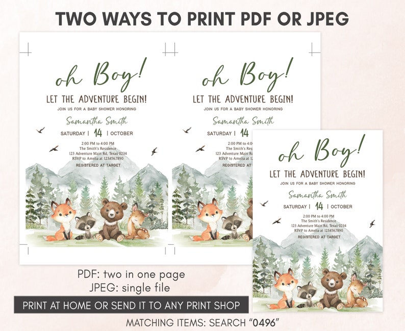 Editable Let the Adventure Begin Woodland Baby Shower Invitation, Boy Adventure Baby Shower Invite, Forest Mountain Baby Shower Invite, 0496 image 3