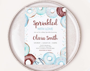 Editable Blue Donut Baby Sprinkle Invitation, Sprinkled with Love Donut Baby Shower Invitation, Donuts and Diapers Baby Shower Invite, 01068