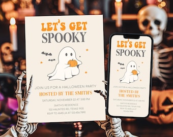 Invito modificabile per una festa "Facciamoci prendere dallo spavento", invito per una festa di Halloween spettrale, invito per una festa di Halloween con un simpatico fantasma, festa di Halloween per bambini 122SE