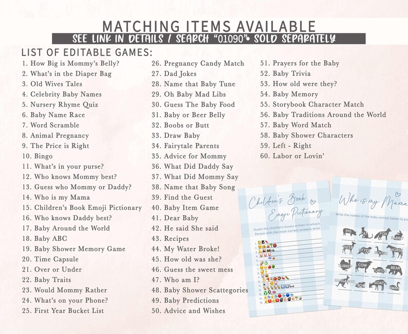 a list of matching items available for a baby shower