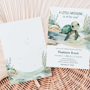 Editable Sea Turtle Baby Shower Invitation, Under The Sea Baby Shower Invite, A Little Hatchling Is On The Way Ocean Boy Baby Shower, 0712 image 2