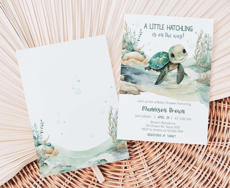 Editable Sea Turtle Baby Shower Invitation, Under The Sea Baby Shower Invite, A Little Hatchling Is On The Way Ocean Boy Baby Shower, 0712 image 2