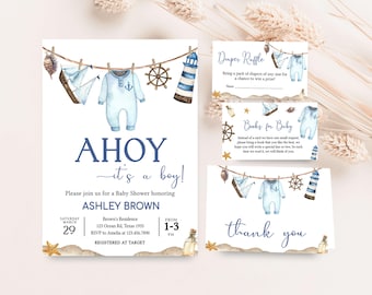 May include: Ahoy it's a boy! Nautical themed baby shower invitation with a blue and white sailboat, a lighthouse, a blue onesie, and a ship's wheel hanging on a clothesline. The invitation includes the date, time, and location of the shower. RSVP to Amelia at 123.456.7890. Registered at Target.