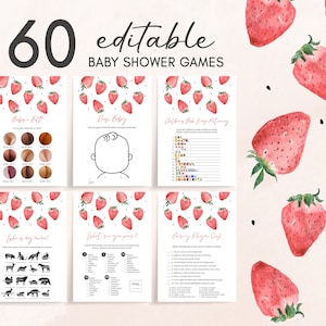 Editable Strawberry Baby Shower Games Bundle, Berry Sweet Baby Shower Game Pack, Red Strawberry Games, Girl Summer Printable Template 0390