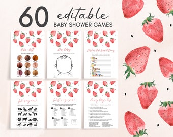 Editable Strawberry Baby Shower Games Bundle, Berry Sweet Baby Shower Game Pack, Red Strawberry Games, Girl Summer Printable Template 0390