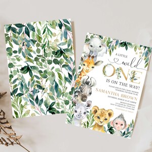 Editable A Little Wild One Baby Shower Invitation Bundle, Jungle Safari Baby Shower Invite Set, Greenery Safari Animals Baby Shower, 0601 image 2
