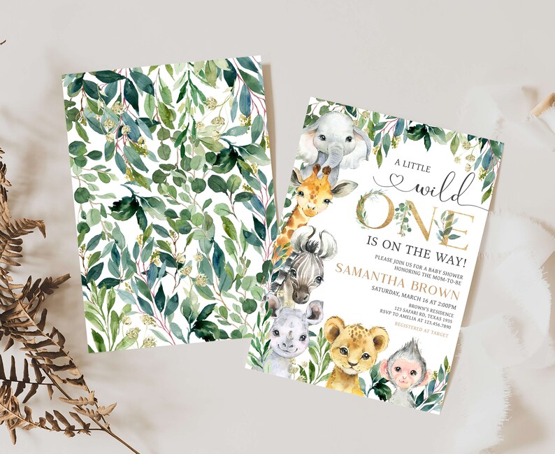 Editable A Little Wild One Baby Shower Invitation Bundle, Jungle Safari Baby Shower Invite Set, Greenery Safari Animals Baby Shower, 0601 image 2
