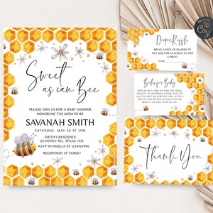 Editable Bee Baby Shower Invitation Set Sweet as Can Bee Baby Shower Invite Pack Gender Neutral Honey Bee Invitation Printable Template 0238