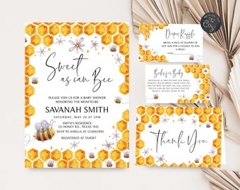 Editable Bee Baby Shower Invitation Set Sweet as Can Bee Baby Shower Invite Pack Gender Neutral Honey Bee Invitation Printable Template 0238