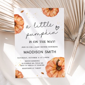 Edytowalny zestaw zaproszeń na baby shower Little Pumpkin, zestaw zaproszeń na baby shower w stylu jesiennym, neutralne pod względem płci jesienne zaproszenie na dynię 0427 zdjęcie 2