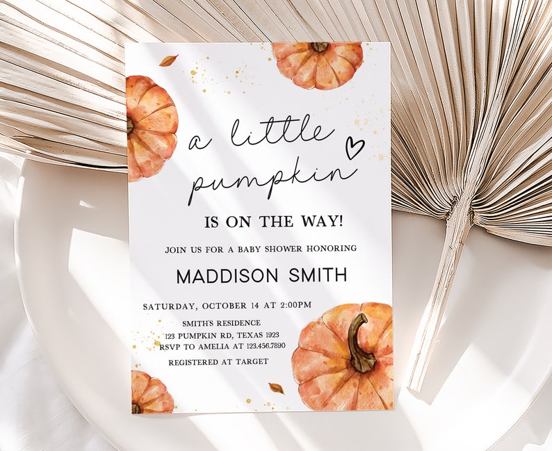 Edytowalny zestaw zaproszeń na baby shower Little Pumpkin, zestaw zaproszeń na baby shower w stylu jesiennym, neutralne pod względem płci jesienne zaproszenie na dynię 0427 zdjęcie 2