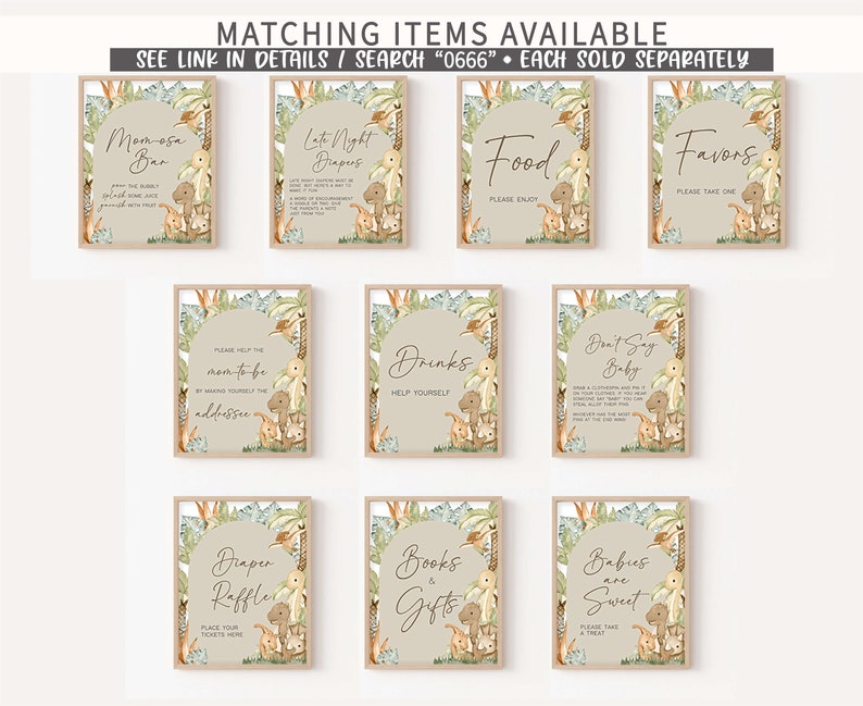 May include: Ten printable signs for a dinosaur-themed baby shower. The signs are beige with green foliage and feature a cartoon dinosaur with a baby dinosaur. The signs include: "Mimosas Bar", "Late Night Diapers", "Food", "Favors", "Please Help the Mom-to-be", "Drinks", "Don't Say Baby", "Diaper Raffle", "Books & Gifts", and "Babies are Sweet".