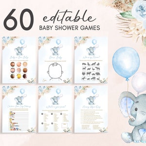 Bearbeitbares Boho Elefant Babyparty Spiele Bundle, Junge Blauer Elefant Babyparty Spiel Pack, Blaues Blumen Pampas Grass Junge Babyparty Spiel 0618 Bild 1
