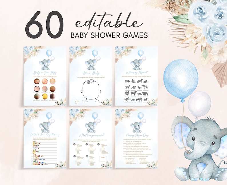 Bearbeitbares Boho Elefant Babyparty Spiele Bundle, Junge Blauer Elefant Babyparty Spiel Pack, Blaues Blumen Pampas Grass Junge Babyparty Spiel 0618 Bild 1