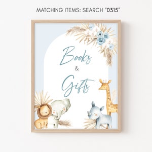 Boho Safari Baby Shower Bücher und Geschenke Zeichen, Blaues Blumen-Dschungel-Babyparty-Geschenk-Zeichen, Junge Safari Tiere Boho-Babyparty-Geschenk-Zeichen 0315