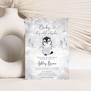 Editable Winter Penguin Baby Shower Invitation Bundle, Gender Neutral Penguin Baby Shower Invite Set, Baby It's Cold Outside Invitation 0537 image 3
