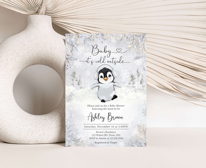 Editable Winter Penguin Baby Shower Invitation Bundle, Gender Neutral Penguin Baby Shower Invite Set, Baby It's Cold Outside Invitation 0537 image 3