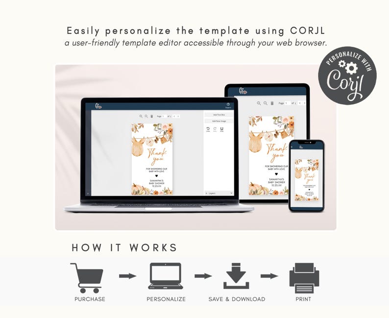 a laptop, phone, and tablet are shown with the text easy personalize the