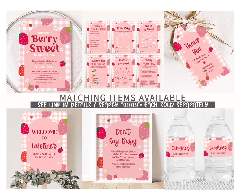 a pink strawberry themed birthday party with matching items