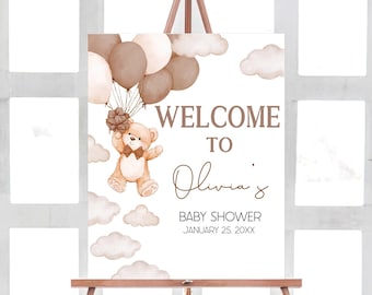 Panneau de bienvenue modifiable We can Bearly Wait pour baby shower, affiche de bienvenue pour baby shower ballon ours sans sexe, signe ours bohème marron, 01027