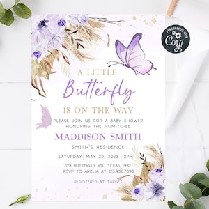 Editable Boho Butterfly Baby Shower Invitation, Purple Butterfly Shower Invite, Bohemian Baby Butterflies Invitation Printable Template 0232