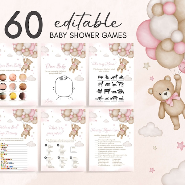 Editable Pink Girl Bear Baby Shower Games Bundle, We Can Bearly Wait Baby Shower Game Pack, Pink Balloon Bear Girl Baby Shower Games, 0507
