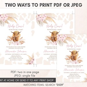 Editable Boho Highland Cow Baby Shower Invitation Bundle, Pink Holy Cow Baby Shower Invite Set, Girl Highland Cow Boho Baby Shower, 0509 image 4