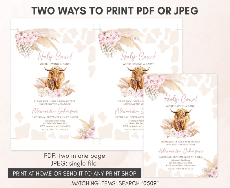 Editable Boho Highland Cow Baby Shower Invitation Bundle, Pink Holy Cow Baby Shower Invite Set, Girl Highland Cow Boho Baby Shower, 0509 image 4