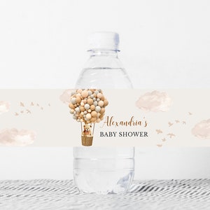 Edytowalna etykieta na butelkę z misiem na baby shower, etykieta na butelkę z wodą na gorące powietrze z balonem na baby shower, szablon do druku z balonami niedźwiedzia, neutralny pod względem płci 0205