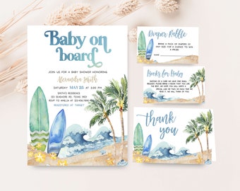 Editable Baby on Board Baby Shower Invitation Bundle, Surf Board Beach Baby Shower Invite Set, Surfing Summer Baby Shower Invitation, 0677