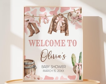 Edytowalny znak powitalny na baby shower A Little Cowgirl, plakat powitalny na baby shower dla dziewczynek, znak na baby shower Coquette Rodeo, 01040