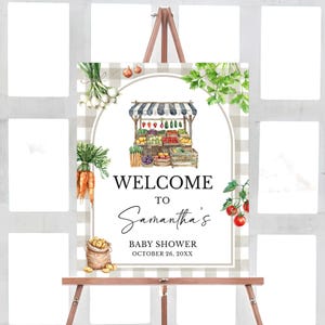 Bearbeitbares Bauernmarkt-Babyparty-Willkommensschild, lokal angebautes Babyparty-Willkommensposter, Bio-Obst und Gemüse-Babyparty, 0957