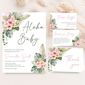 Editable Pink Floral Tropical Baby Shower Invitation Bundle, Aloha Baby Girl Baby Shower Invite Set, Luau Hawaiian Baby Shower Invite, 0735