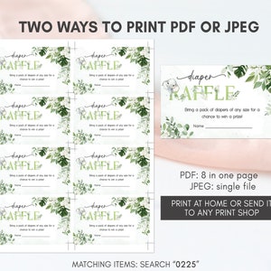 May include: Printable diaper raffle tickets with a green and white floral design. The text on the tickets reads "diaper raffle" and "Bring a pack of diapers of any size for a chance to win a prize!"